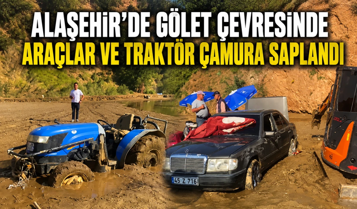 Alaşehir&rsquo;de G&ouml;let &Ccedil;evresinde &Ccedil;amura Saplanan Ara&ccedil;lar İş Makineleriyle Kurtarıldı