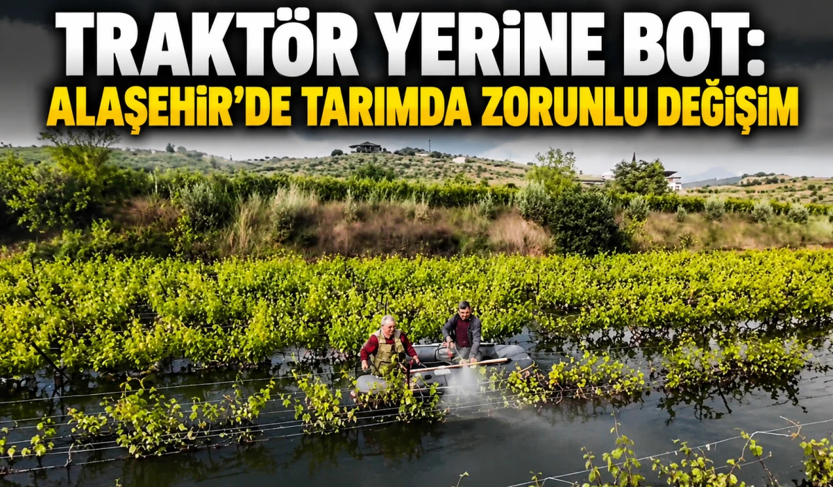Alaşehir&rsquo;de İlgin&ccedil; Manzara: Bağlar Sular Altında, &Ccedil;ift&ccedil;i Botla İla&ccedil;lama Yapıyor