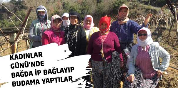 KADINLAR GÜNÜ'NDE BAĞDA İP BAĞLAYIP BUDAMA YAPTILAR